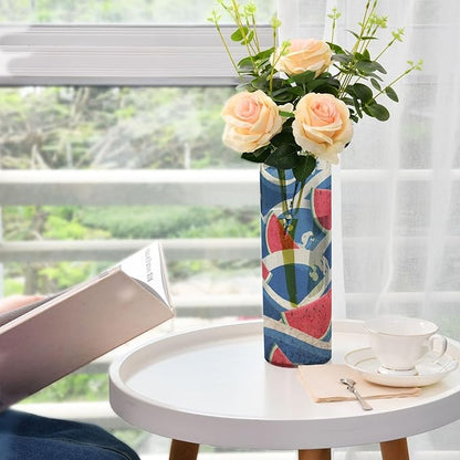 Flower Vase Clear Plastic Cylinder Vases Decor for Centerpieces Home Storage Office Weddings Bright Blue Waves Watermelon Slices 11.8 x 3.9 in