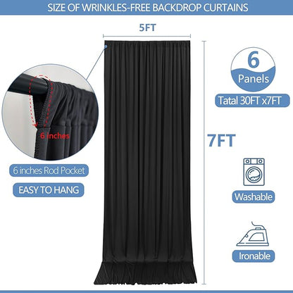 20x7ft Wrinkle Free Black Backdrop Curtain for Parties Soft Fabric Drapes Wedding Black Curtain Backdrop for Birthday Party Decorations Background for Photography 5x7ft, 4 Panels