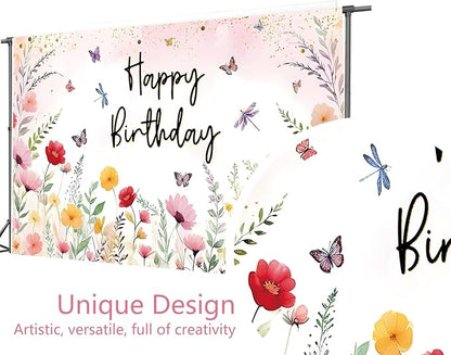 7x5ft Pink Floral Decoration Backdrop for Women Girl Birthday Party Spring Flower Bush Garden Theme Background Happy Birthday Photography Supplies Greenery Wildflower Banner