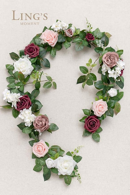 Ling's moment 5FT Dusty Rose Artificial Flower Garland Blush Rose Leaves Floral Garland Arch Flowers Vine for Wedding Party Backdrop Decor Mantel Home Table Centerpieces Wall Decorations Cream