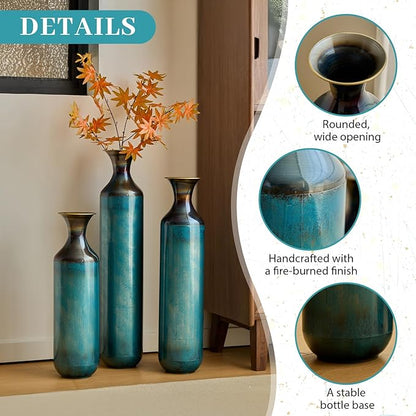 Floor Oversized Gold Metal Decorative Vase with 3D Triangle Pattern Set of 3 Large Vases for Home Living Room 33.5 ", 29.5 ", 25.2" High (Aqua Blue)