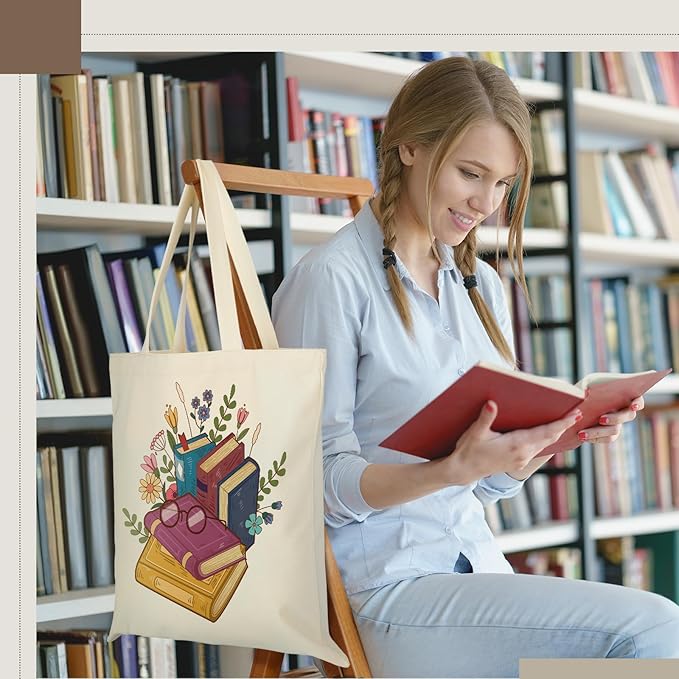 Sweetude 8 Pcs Christmas Book Lovers Club Gifts Bulk Canvas Tote Bags Bookish Librarian Reader Gift for Women Teacher Present(Book)