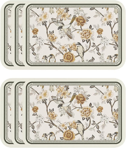 ISAENNE PVC Placemats Set of 6,Rectangular Flower and Bird Print Placemats, Waterproof and Heat-Resistant Place Mats,Decoration for Kitchen, Dining, Parties, Holiday,12"*17"