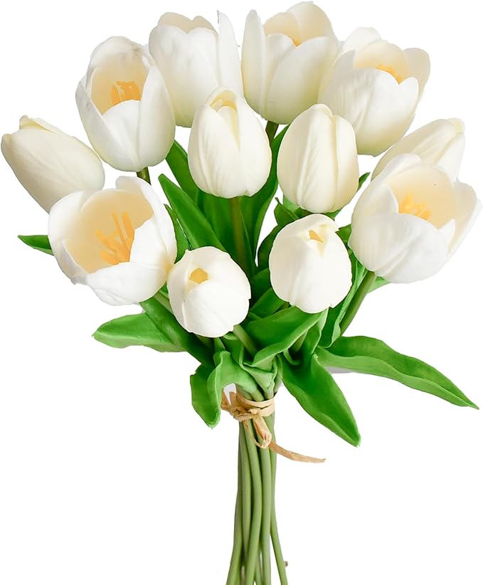 Mandy's Artificial Tulips 12 Stems White PU Faux Flowers for Thanksgiving and Christmas Decorations Wedding Home Decor 13.5 Inch