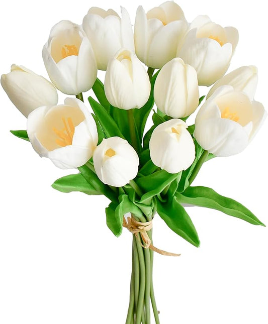 Mandy's Artificial Tulips 12 Stems White PU Faux Flowers for Thanksgiving and Christmas Decorations Wedding Home Decor 13.5 Inch