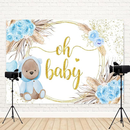 15x8ft Baby Shower Backdrop Oh Baby Photography Background Bear Blue Flowers Boho Leaves Heart Balloon Gold Dots Kid Birthday Party Banner Decorations Newborn Gender Reveal Photo Booth Prop