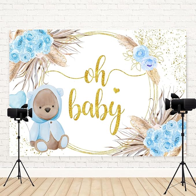 10x8ft Baby Shower Backdrop Oh Baby Photography Background Bear Blue Flowers Boho Leaves Heart Balloon Gold Dots Kid Birthday Party Banner Decorations Newborn Gender Reveal Photo Booth Prop