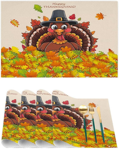 Thanksgiving Leaf Turkey Placemats Set of 1 PVC Vinyl Non Slip Table Mats Heat Resistant Place Mats Washable Wipeable Dining Table Mat for Kitchen Decor Party Indoor Outdoor Decorative Gift