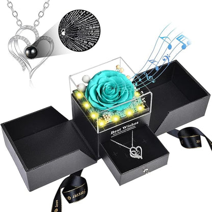 Christmas Birthday Gifts for Women - Preserved Real Rose with I Love You Heart 100-Language Necklace, LED Lights & Music Gift Box, Christmas for Women Girlfriend Mom