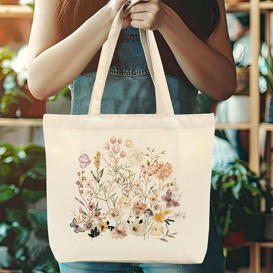Aesthetic Floral Canvas Tote Bag for Women with Pocket, Tote Bags for Grocery Shopping Travel Christmas Birthday