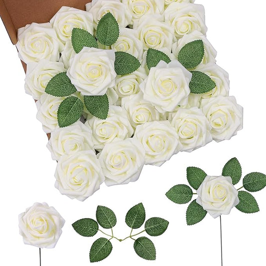 DuHouse 25Pcs Artificial Roses Flowers Fake Roses with Stems Real Touch Foam Flowers for DIY Wedding Bouquet Baby Shower Centerpiece Floral Arrangement Party Home Decor(Cream)