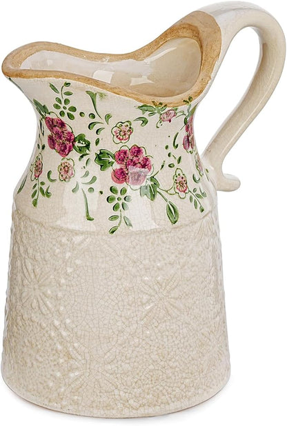 Sungmor Embossed Ceramic Pitcher Vase, Decorative Beige Farmhouse Ceramic Pitcher for Flowers, Vintage Textured Vase for Table, Kitchen & Home Decor, 9.2 Inch with Ice Crackle Glaze Finish