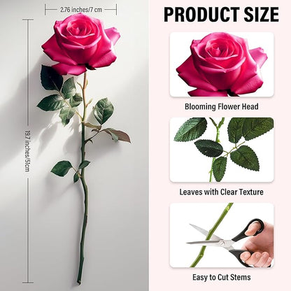 20PCS Artificial Roses with Long Stems - Realistic Silk Flowers, Fake Roses Real Touch Bouquet Roses for Home Decor, Bridal Wedding Table Centerpieces, Faux Rose Flowers (Hot Pink)