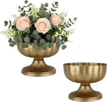 Retro Gold Vases for Centerpieces Set of 2 Brass Metal Vases for Flowers Decorative Pedestal Bowl for Table Centerpieces Floral Arrangments on Housewarming Wedding Party