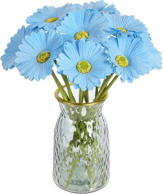 IPOPU Daisies Flowers Artificial,20PCS Blue Gerbera Daisy Artificial Flowers Fake Daisies for Wedding Party Office Home Decorations(Light Blue)
