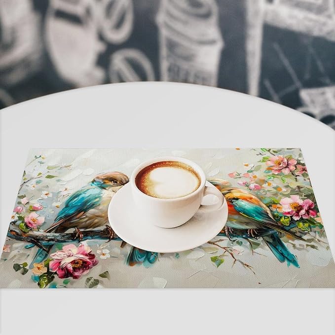 Botanical Birds Placemats Set of 6 Bird Pictures Farmhouse Rustic Flower Kitchen Mats Waterproof Washable Table Mats for Kitchen Dining Decoration 6 PCS