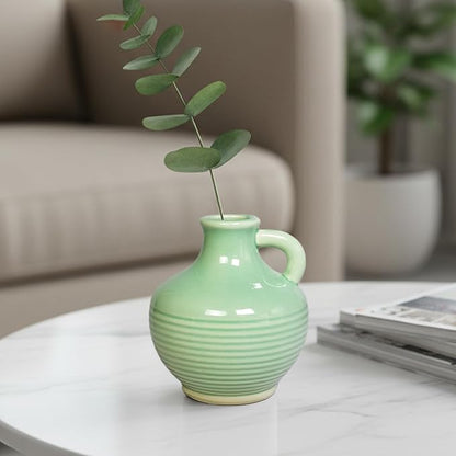 Sunddo Green Ceramic Vase 6 Inch - Small Modern Decorative Vase with 1 Handle for Home Decor, Boho Decor, Room, Bathroom, Living Room, Kitchen, Office