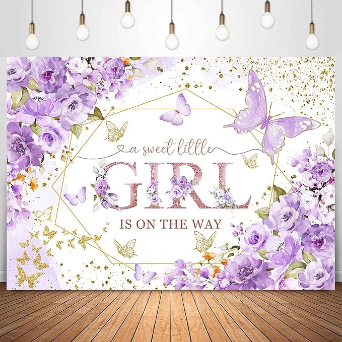 Sensfun Butterfly Baby Shower Backdrop A Sweet Little Girl is On The Way Photography Background Purple Butterfly Floral Princess Baby Shower Decorations Banner Party Supplies Photoshoot Props 10x7ft