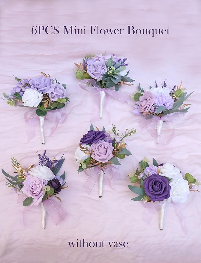 Marriwise Set of 6 Purple Assorted Wedding Flower Centerpieces Pre-Made Mini Bridesmaid Bouquets Artificial Floral Lavender Table Decor for Wedding Decorations Shower Home Decor (Purple)