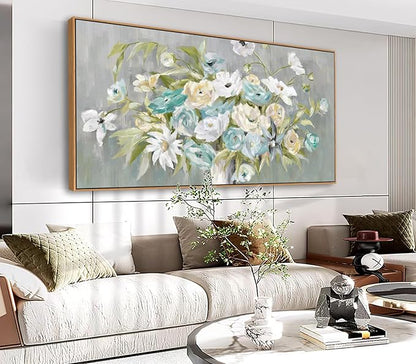 VEAEE Floral Wall Art - Float Framed Abstract Flowers Canvas Pictures Living Room Wall Decor Modern Landscape Painting Botanical Grass Artwork for Bedroom Bathroom Kitchen Office Decor 20"x 40"