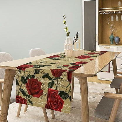 Red Rose Print Table Runner, Vintage Rose Spring Summer Seasonal Romantic Valentines Dinner Runner Table Decoration for Home Kitchen Dining Holiday Wedding Party 13x120in
