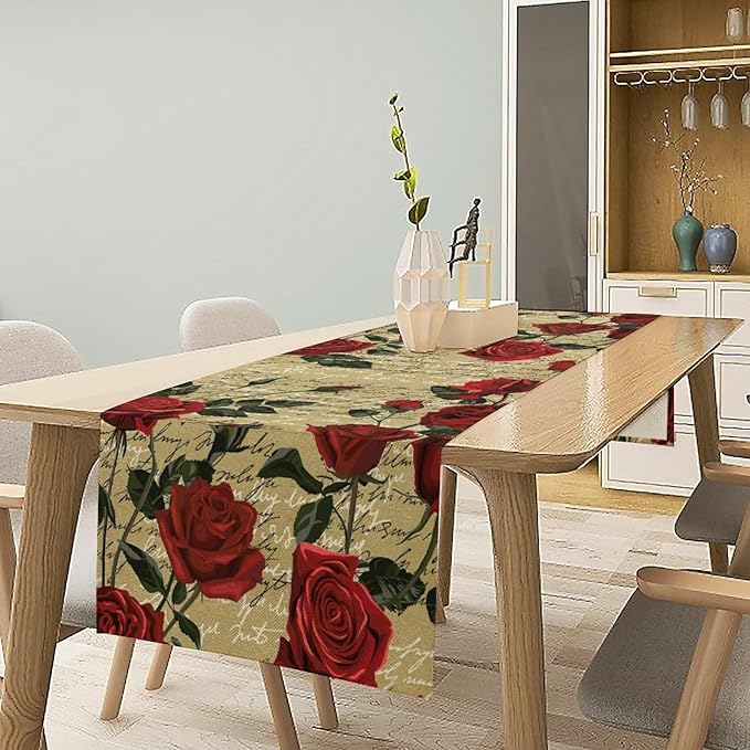 Red Rose Print Table Runner, Vintage Rose Spring Summer Seasonal Romantic Valentines Dinner Runner Table Decoration for Home Kitchen Dining Holiday Wedding Party 13x108in