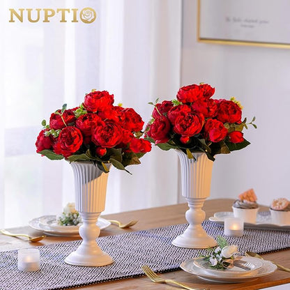 Nuptio 2 Pcs Flowered Metal Trumpet Vase Elegant Wedding Centerpieces Vase for Wedding Party Decoration, 23.2cm Tall Artificial Flower Arrangements for Anniversary Ceremony, White