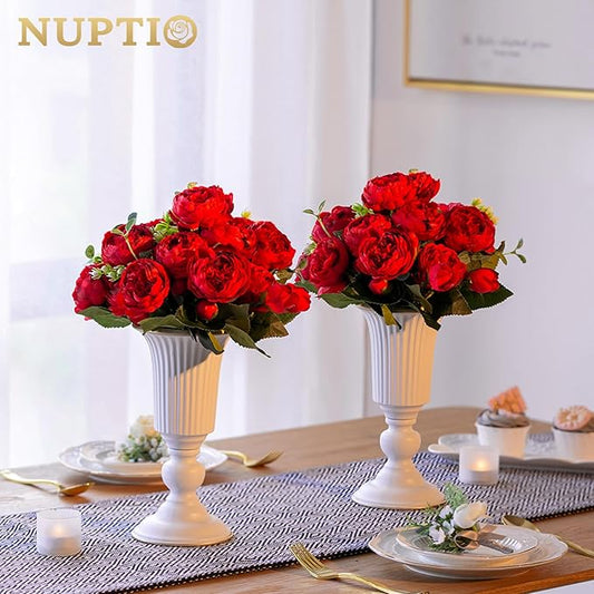 Nuptio 2 Pcs Flowered Metal Trumpet Vase Elegant Wedding Centerpieces Vase for Wedding Party Decoration, 23.2cm Tall Artificial Flower Arrangements for Anniversary Ceremony, White