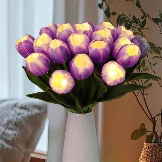 LED Lighted Artificial Tulips, Tulip Lamp, Real Touch Tulip Flowers, 15 Inch Faux Tulip Bouquet with Battery Operated Lights for Gifts, Home Kitchedn Wedding Decor(Purple)
