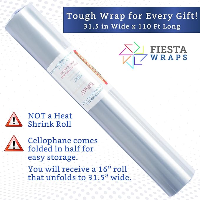 FIESTA WRAPS Clear Cellophane Wrap Roll (31.5 in x 110 ft) - Cellophane Roll - Clear Wrapping Paper to Wrap Gift Baskets - Gift Basket Wrapping Supplies - Papel Celofán Transparente