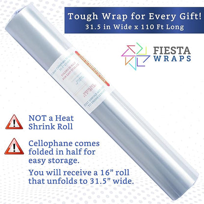 FIESTA WRAPS Clear Cellophane Wrap Roll (31.5 in x 110 ft) - Cellophane Roll - Clear Wrapping Paper to Wrap Gift Baskets - Gift Basket Wrapping Supplies - Papel Celofán Transparente