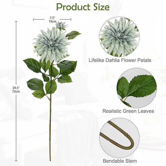 3Pcs Blue Artificial Dahlia Flowers 29.5" Fake Flower Silk Flowers with Long Stem Floral Arrangements Bouquets Faux Dahlias Flowers for DIY Wedding Party Centerpieces Decor Home Office Decoration