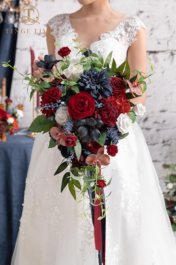 TINGE TIME 17 Inch Artificial Bridal Bouquet - Red and NavyBlue, Realistic Silk Wedding Bouquet, Durable Fake Flowers for Brides, Bridesmaids, Home Decor, and Events