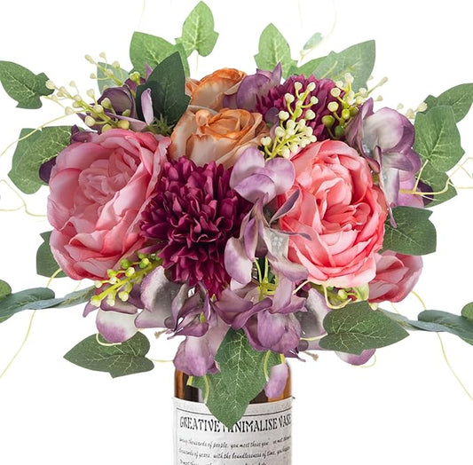 ASTRYAS 2Pcs Peonies Artificial Flowers Faux Peonies Fake Roses Bouquet Floral Arrangement for Spring Summer Centerpiece Table Wedding Party Home Decor, Purple Pink