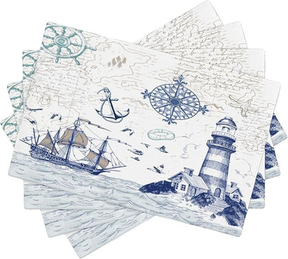 Nautical Placemats, Simple Hand Painted Blue Ocean Sailboat Map Lighthouse Compass Print Washable Fabric Placemats Table Kitchen Dining Party 12x18 Inch Set of 4