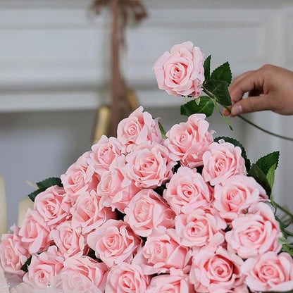 YXZZWL 60 Pcs Artificial Roses in Bulk, Fake Silk Roses Realistic Roses Stem Faux Roses Bouquet for Wedding Centerpieces Flower Arrangement Home Decor (Pink)
