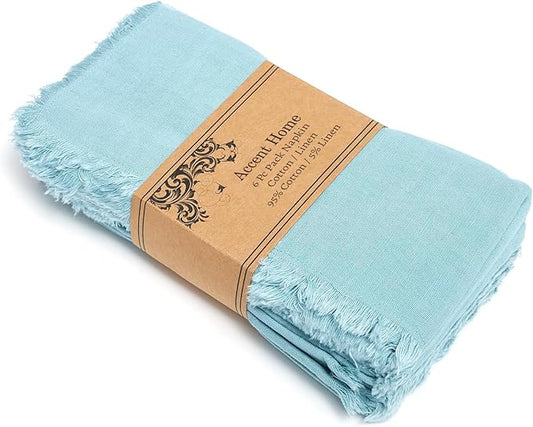 ACCENTHOME Blue Cotton Linen Napkin Set of 6 18x18 inch Dinner Napkins - Washable Soft Premium Hotel Quality Reusable Napkins Perfect Table Napkins for Family Dinners, Weddings & Everyday Use