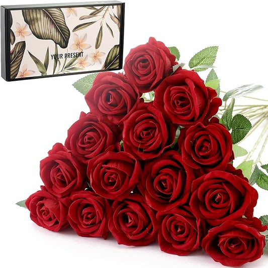 15Pcs Pearl Red Roses Artificial Flowers Fake Roses Long Stem Velet Rose Silk Flowers for Home Wedding Decoration (Pearl Roses,Red)