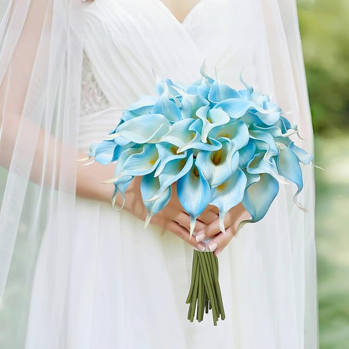 24 Pcs Artificial Calla Lily Flowers Light Blue Fake Silk Flowers Real Touch for Wedding Bouquet Office Home Kitchen Decor (White Blue)