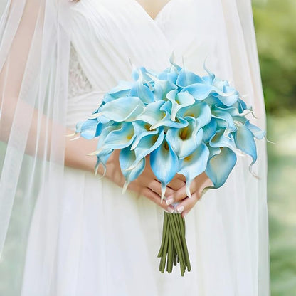 24 Pcs Artificial Calla Lily Flowers Light Blue Fake Silk Flowers Real Touch for Wedding Bouquet Office Home Kitchen Decor (White Blue)
