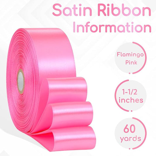 Flamingo Pink Satin Ribbon 1-1/2 Inch 60 Yards, Solid Polyester Fabric Ribbon for Gift Wrapping, Flower Bouquet, Eternal Flower, Crafts, Hair, Wedding