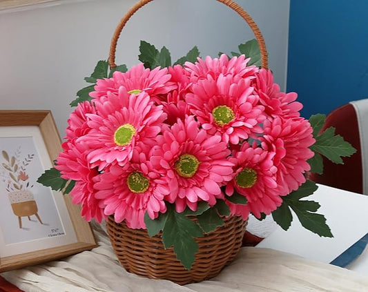 IPOPU 2 Bundles Artificial Gerbera Daisy Flowers 14 Heads Pink Fake Daisy with Stems Faux Silk Daisy Flowers for Wedding Bridal Bouquet Party Floral Arrangements Home Table Centerpiece Decor (Pink)