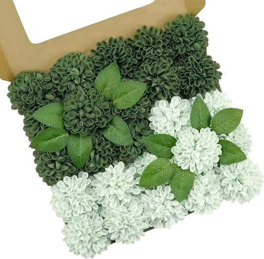 Artificial Flowers, 50pcs Realistic Artificial Rose for DIY Wedding Bouquets Centerpieces Arrangements, Hunter Green and Mint Green Dahlia Flowers with Stem for Bridal Shower Party