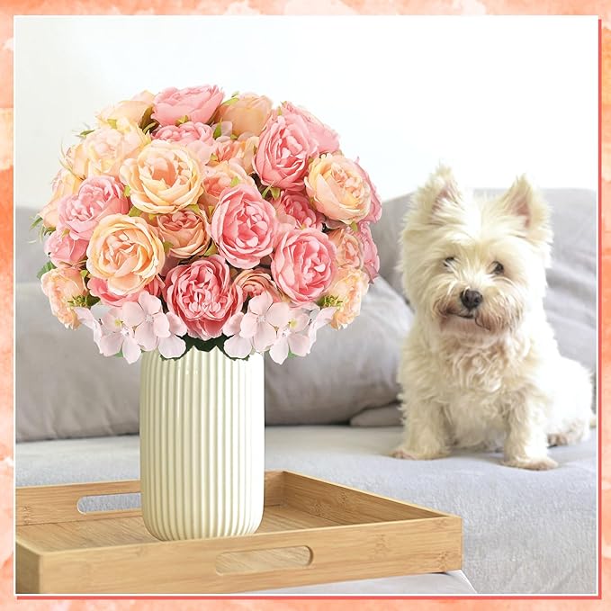 Geosar 8 Bundles Artificial Peonies Flowers Fake Silk Peony Bouquet Faux Peonies Flowers Bulk for Decoration Vase Floral Arrangements Wedding Party Table (Pink,Yellow)