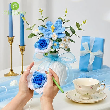 Alecono Crochet Flower Bouquet, Knitted Flowers, Blue Handmade Bouquet of Flowers for Lover Anniversary Birthday Party Mother's Day Graduation Gifts (Include Card)