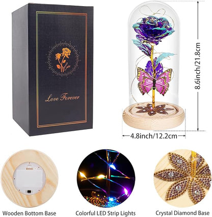 Beferr Christmas Rose Gifts for Women Mom Birthday Gifts, Galaxy Glass Rose Forever Preserved Flowers for Delivery Prime Light Up Rose in Glass Dome with Butterfly Xmas Gifts for Grandma Her Wife