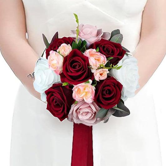 Rinlong 7" Wedding Bouquet for Bride Bridal Bridesmaid Vintage Artificial Flowers Burgundy Silk Bouquet Wedding