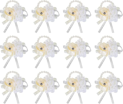 MECCANIXITY 12Pcs Wrist Corsage Artificial Flower Bracelets Rose Wrist Bride Groom Decorative for Wedding Ceremony Prom Party Anniversary Cream