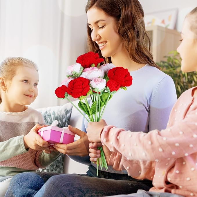 YoungJoy 12 Pcs Crochet Rose Handmade Knitted Flowers Tulip Sunflower Daisy Heart Artificial Knitted Floral Mother Day Graduation Home Decor(Mixed Red Pink Rose)
