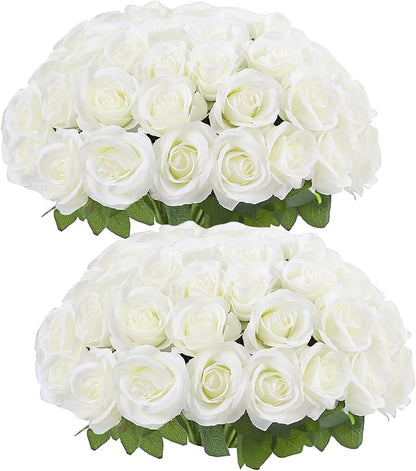 50pcs Roses Artificial Flowers Ivory Silk Roses with Long Stems Fake Flowers for Wedding Bouquet Centerpices Decorations Party Bridal Baby Shower Home Decor